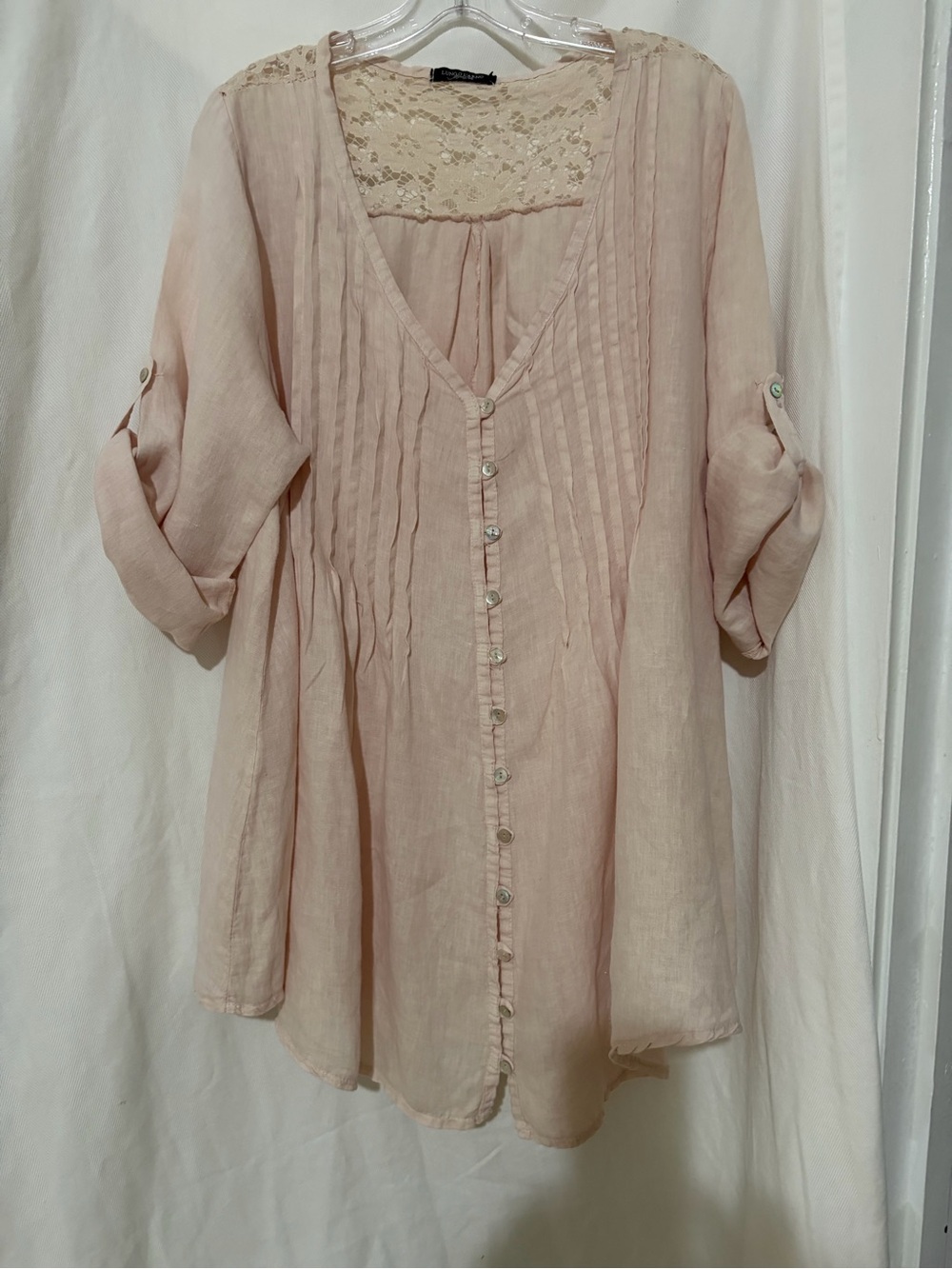 Lungo L’Arno Italy Linen Pink Button Roll Blouse Tunic 1X Preppy Resort Cruise